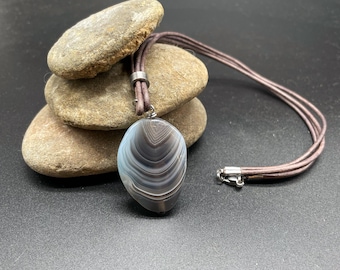 Mens Botswana Agate Pendant Necklace, Brown Leather Cord