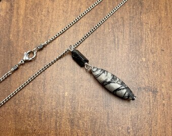 Mens jasper necklace, black and white stone, steel chain, free shipping