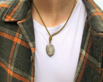 Gray Jasper Pendant Necklace, Vegan Cord, Allergy Free