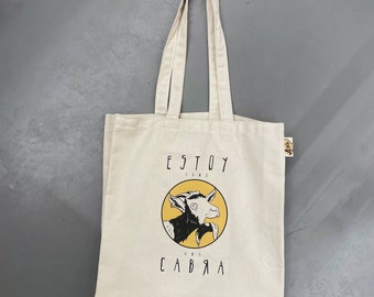 Organic cotton tote bag, funny drawing, yellow bag, vegan friendly