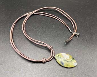 Mens Rhyolite Necklace, Natural Stone Pendant, Leather Cord