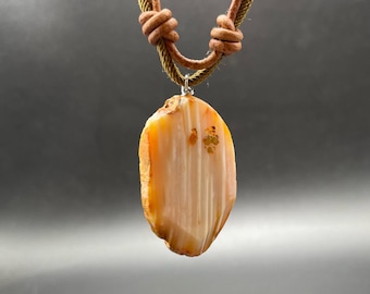Banded Agate Pendant Necklace, Boho Style, Leather & Cotton Cord