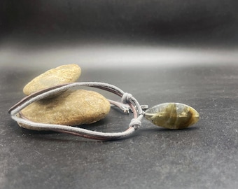 Labradorite Mens Necklace, Brown Leather and Polyester Cord