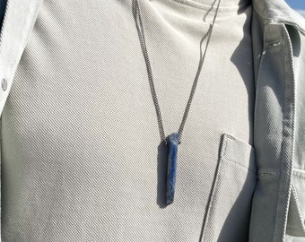 Blue mens pendant necklace, kyanite stone, steel chain, allergy free, free shipping