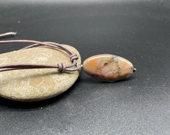 Mens Polychrome Jasper Pendant Necklace, Brown Leather Cord