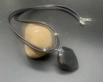 Black Onyx Pendant Necklace for Men – Polished Stone, Leather Cord