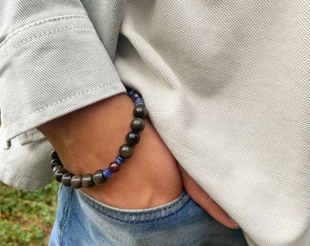 Golden Obsidian Bracelet, Garnet Sodalite Gemstones, Mens Elastic Bracelet