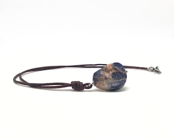 Mens Sodalite Pendant Necklace, Brown Leather Cord