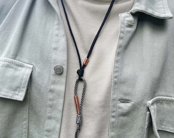 Mens long necklace, up cycled copper and polyester, vegan friendly, free shipping