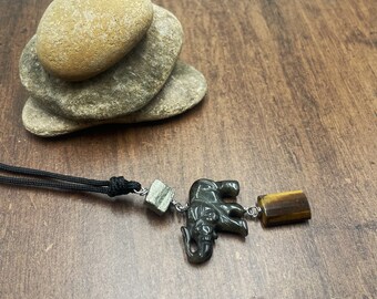 Elephant Stone Necklace, Obsidian, Tiger's Eye, Pyrite, Vegan Cord