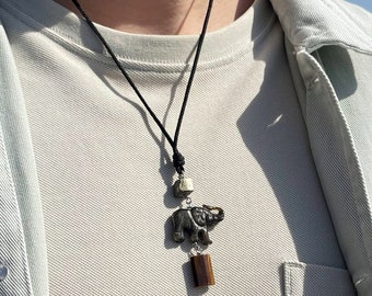 Mens elephant necklace, golden obsidian, tigers eye, pyrite, allergy free, vegan friendly, free shipping