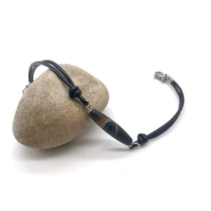 Black stone bracelet, banded agate, leather cord, steel components, free shipping