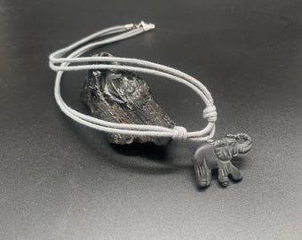 Mens Onyx Elephant Necklace, Gray Recycled Cord, Vegan Jewelry