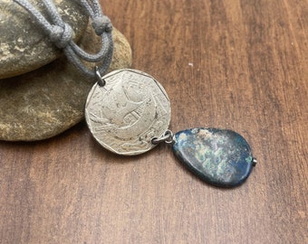 Portuguese Coin Caravel Azurite Gemstone Necklace, Recycled Cord