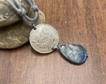 Coin and gemstone pendant necklace, recycled polyester cord, allergy free, free shipping