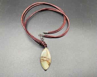 Mens Polychrome Jasper Pendant Necklace, Leather Cord, Protective Stone