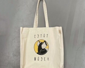 Organic cotton tote bag, funny drawing yellow bag, funny animal, vegan friendly