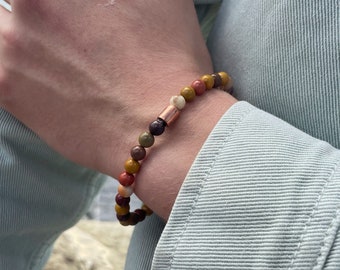 Mookaite Jasper Bracelet, Mens Gemstone Bead Bracelet, Copper Detail