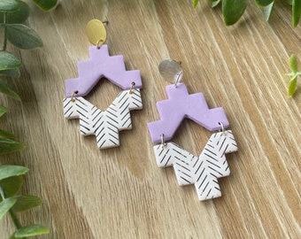 Karlie Earring | Pink, purple, black, white, silk screen, polymer clay, Aztec