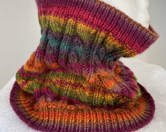 Hand knit snood, infinity scarf, rainbow ladies scarf, neck warmer, gift for her