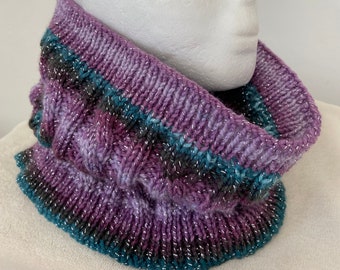 Hand knit snood, infinity scarf, purple ladies scarf, neck warmer, gift for her