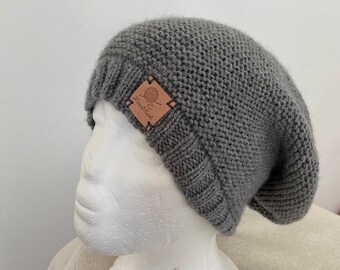 Grey slouchy unisex knitted hat, winter hat, hand knitted adult hat, gift for him