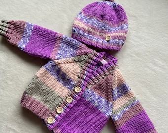 0-3 month baby cardigan, new baby gift, baby rainbow cardigan and hat set, knitted baby clothes, baby hat