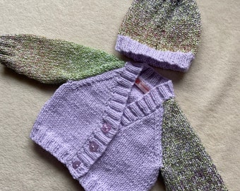 Newborn baby cardigan and hat set, lilac baby cardigan, sparkly baby cardigan, unique newborn  gift