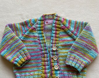 0-3 month rainbow knit baby cardigan, colourful baby sweater, new baby gift, hand knitted baby clothes