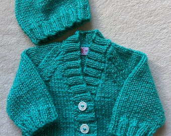 Premature baby cardigan, early baby knitwear, coming home outfit, glitter baby cardigan, green baby cardigan