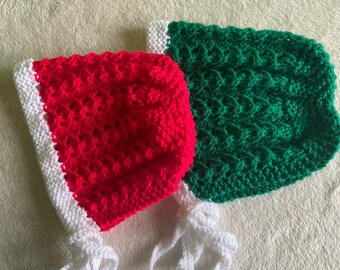 Knitted Christmas baby bonnets, red baby bonnet, ready to ship, vintage style baby bonnet, gender neutral, green baby bonnet