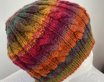 Ladies knitted hat, rainbow knit hat, adult beanie, handmade woolly hat, cable knit hat