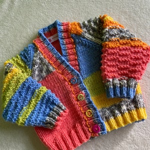 Made to order, hand knitted baby cardigan, zany knit baby sweater, rainbow baby cardigan, newborn cardigan, abstract baby cardigan,