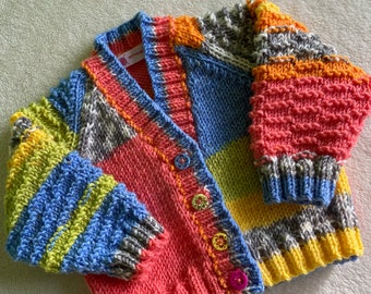 Made to order, hand knitted baby cardigan, zany knit baby sweater, rainbow baby cardigan, newborn cardigan, abstract baby cardigan,