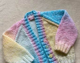 Hand knit baby cardigan, spring baby clothes, knitted baby clothes, new baby gift, pastel rainbow baby cardigan