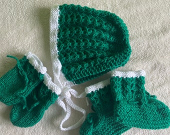 Green baby bonnet set, baby hat, knitted baby mittens, 6-12 month baby booties, baby gift