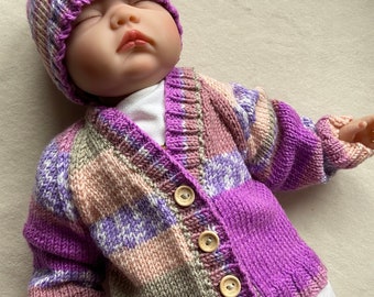 Pink rainbow baby cardigan, new baby gift, baby cardigan and hat set, knitted baby clothes, baby girl hat