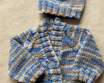 Premature baby boy cardigan, premature baby hat, coming home outfit, blue baby cardigan, blue baby hat, knitted baby cardigan, handmade baby