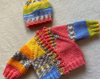 Preemie baby cardigan, premature baby hat, coming home outfit, abstract baby cardigan, baby rainbow sweater,