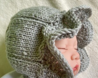 Grey knit baby bonnet with frilly edge, knitted baby bonnet, grey baby hat, handknit bonnet