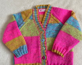 Rainbow baby girl cardigan, hand knit baby cardigan, baby gift, colourful baby knitwear