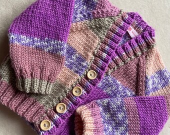 Purple rainbow baby cardigan, new baby gift, baby cardigan and hat set, knitted baby clothes, baby girl hat