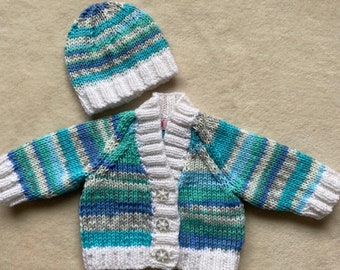 Premature baby boy cardigan, premature baby hat, coming home outfit, blue baby cardigan, blue baby hat, knitted baby cardigan, handmade baby