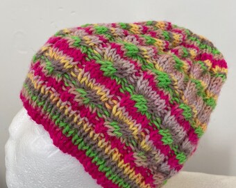 ADULT BEANIE HAT, knitted ladies hat, rainbow knit hat, cable pattern aran knit hat, gift for her