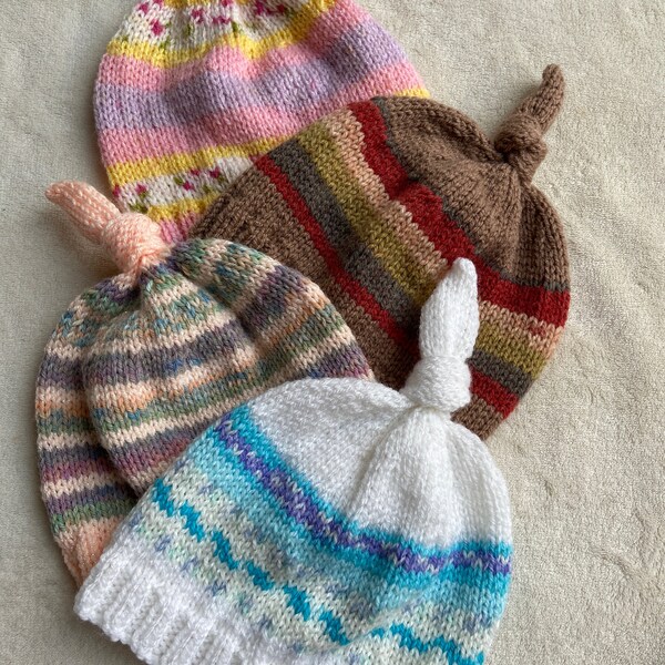 Knitted baby hats, 6-12 month hats, knot top baby hats, stripey hats