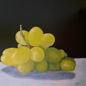 Winogrona jasne, obraz olejny, malowany realistycznie, farba olejna na płótnie, wiele warstw, długi czas schnięcia, 40 x 40 cm, bez ramy
