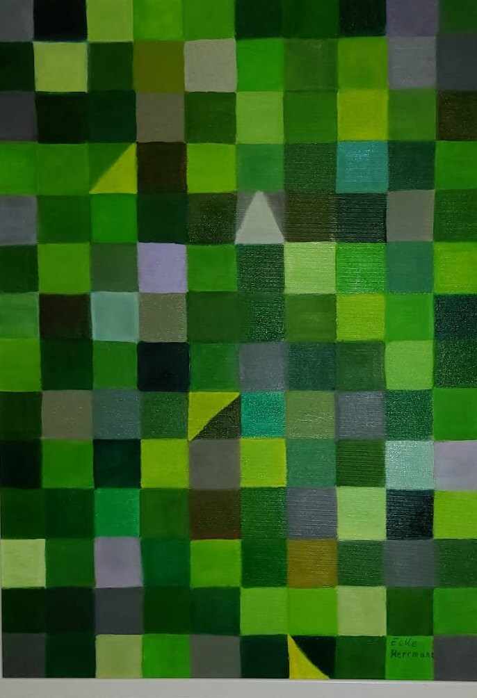 Squares in shades of green, format 70 x 50 cm, oil paint on stretcher frame,
