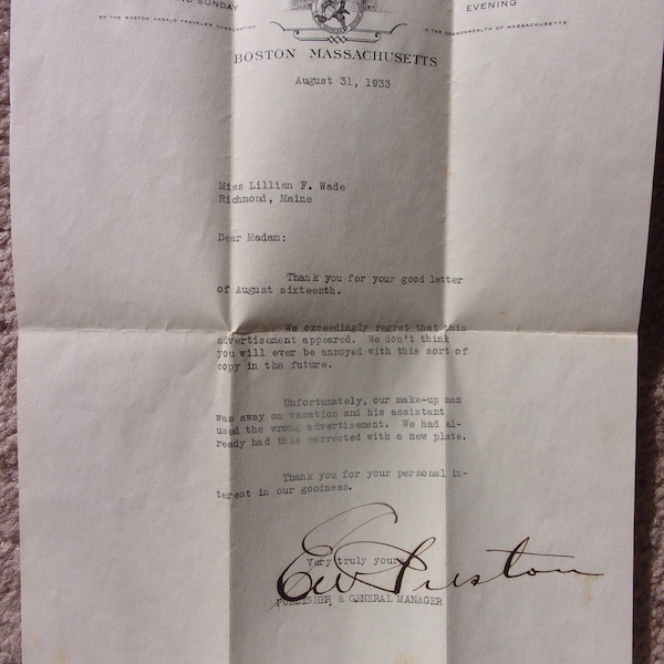 1933 Boston Herald Publisher's Apology Letter Boldly Signed E W Preston Publisher
