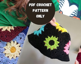 May include: A crochet pattern for a black bucket hat with colorful flower accents. The pattern is available as a PDF download.  PDF CROCHET PATTERN ONLY.