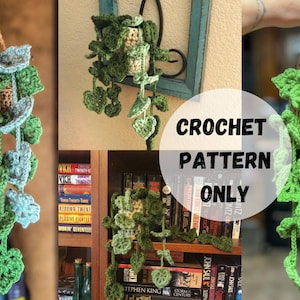 Może przedstawiać: Wzór na szydełku do wiszącej rośliny doniczkowej z zielonymi liśćmi. Wzór jest dostępny do kupienia. "CROCHET PATTERN ONLY" jest napisane białym kolorem na białym kole.